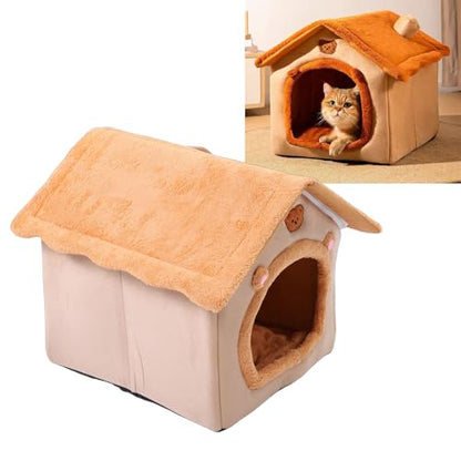 Cat Bed, All Season Comfort Removable Washable Cushion Foldable Cat Cave Bed, Indoor House with Anti Slip Base Chew Proof Design and Oxford Fabric for Cats and Dogs (Yellow)