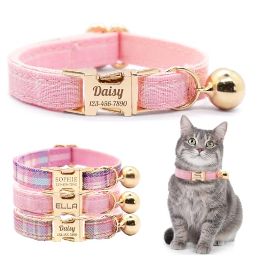 Personalized Plaid Cat Collar with Bell - Non-Breakaway Custom Polyester Kitten Collar with Engraved Name & Phone Number (Pattern 02, S (6.5-10.5 Inches)) - color: Pattern 02, size: S (6.5-10.5 Inches)