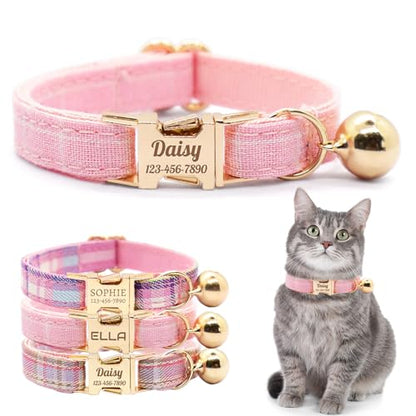 Personalized Plaid Cat Collar with Bell - Non-Breakaway Custom Polyester Kitten Collar with Engraved Name & Phone Number (Pattern 02, L (7.5-12.5 Inches)) - color: Pattern 02, size: L (7.5-12.5 Inches)