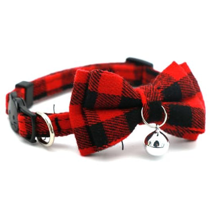 Red Plaid Cat Collar with Bell and Bow, Breakaway Kitten Collar with Bells Bowtie Puppy Collars for XXS Xs Small Little Tiny Pet Dogs Boy Girl, for Christmas Hoilday Birthday Party - color: Red Plaid