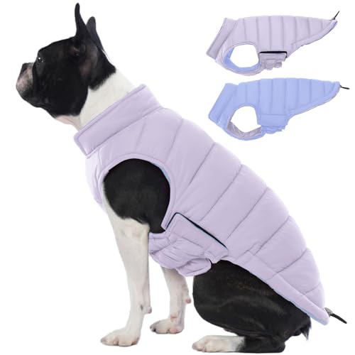 Lelepet Reversible Dog Coat Waterproof Dog Jacket Windproof Puffer Vest for Winter Warm Lightweight Coats for Small Dogs Adjustbale Hook & Loop Pet Apparel with Leash Hole, Shih Tzu, Purple, S - color: Purple, size: S
