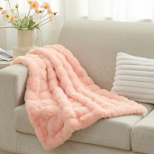 Leximan Cozy Faux Fur Throw Blanket for Couch, Reversible Plush Fluffy Decorative Bubble Throw for Sofa and Living Room, Soft Lap Blanket for Bed, Dog & Cat (Pink, 30''x40'') - color: Pink, size: 30''x40''