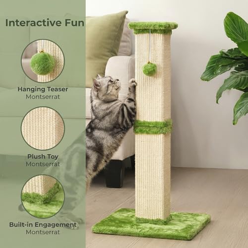 32" Tall Cat Scratching Post, Cat Scratcher with Heavy Duty Thick Wood Base, Cat Tower with Natural Sisal Rope and Hanging Ball, Plant-Like Design Scratching Post, for Small and Adult Kittens, Green - color: LIght Green