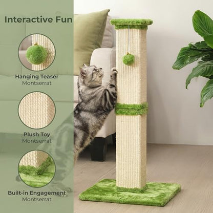 32" Tall Cat Scratching Post, Cat Scratcher with Heavy Duty Thick Wood Base, Cat Tower with Natural Sisal Rope and Hanging Ball, Plant-Like Design Scratching Post, for Small and Adult Kittens, Green - color: LIght Green