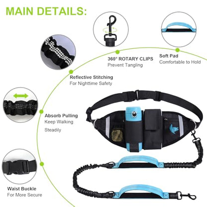 Hands Free Dog Leash, Waist Leash for Dog Walking, Running, Jogging, Waist Leashes with Adjustable Belt, Medium & Large Dogs Running Leashes Hands Free, Dual Padded Handles and Durable Bungee(Blue) - color: Blue