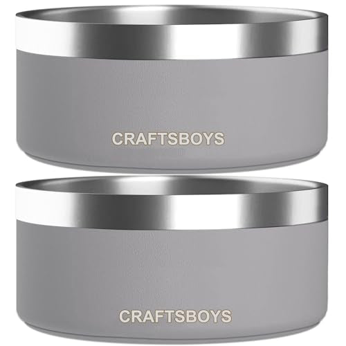 Dog Bowl, Dog Food Water Bowl with Non-Slip Rubber Base, Stainless Steel, Double Wall Small Medium Large Dogs, 32oz, Pack of 2 (Grey) - color: Grey