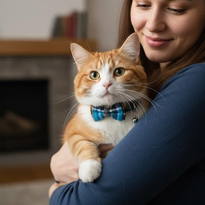 3pcs Bow Tie Cat Collar with Bells, Breakaway Bowtie Plaid Cat Collar, Soft Adjustable Bow Cats Collars for Kitten Puppy and Small Pets - color: blue