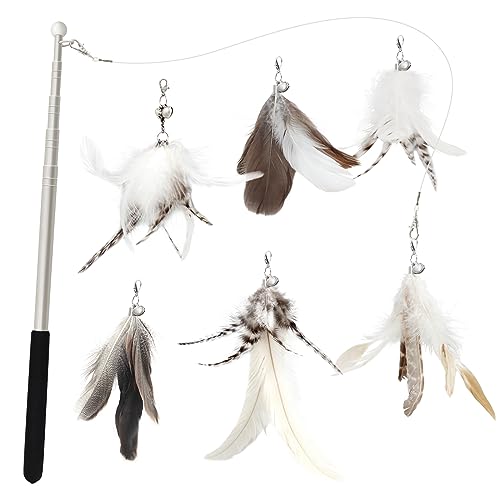 Cat Feather Wand - 7 Pcs Interactive Toys for Indoor Kitten, Retractable Wand With 6 Natural Feather Refills and Bell, Fishing Pole Toy - color: Multi-colored