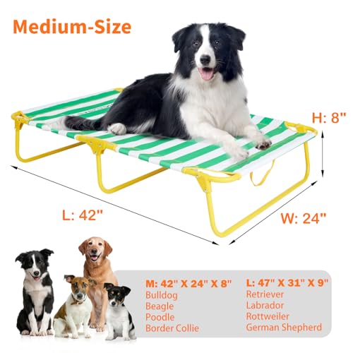 everfront Dog Elevated Bed Foldable Portable Raised Bed Camping cot Outdoor Summer Dog Bed (Medium, GreenStripes-Oxford Fabric) - size: Medium-42"x24"x8"