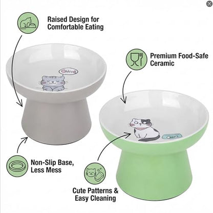 Elevated Cat Bowls,2 Pcs Ceramic Raised Cat Food Bowls with Non-Slip Base,Whisker-Friendly Shallow Design,Lead & Cadmium Free Pet Feeder,Dishwasher and Microwave Safe (Green&Light-Grey) - color: Green&Light-Gray