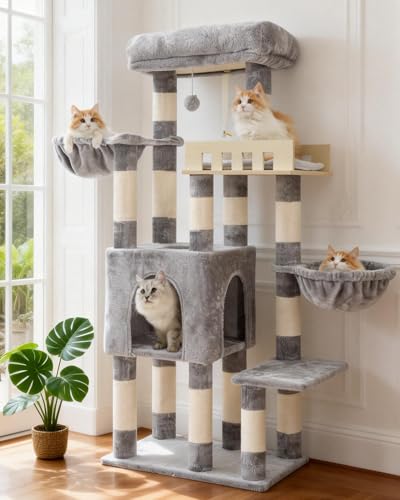 Gitelsnour Cat Tree for Indoor Cats Large Adult, Heavy Duty Cat Tree for Large Cats 20 lbs+, Cat Condo with Big Wooden Perch, Cat Tower with 14 Scratching Posts, Hammock, Light Gray GCT023W - color: Light Gray, size: 52 inches