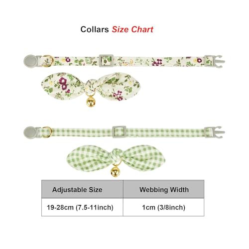 2 Pack Cotton Cat Collar, Removable Bowtie, Floral Pattern, Safety Breakaway Clasp, Adjustable for Cats.(Adult Cat, Check+Green) - color: 2 Pack (Check+Green)