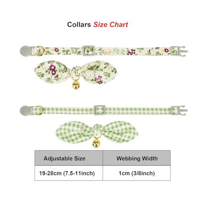 2 Pack Cotton Cat Collar, Removable Bowtie, Floral Pattern, Safety Breakaway Clasp, Adjustable for Cats.(Adult Cat, Check+Green) - color: 2 Pack (Check+Green)