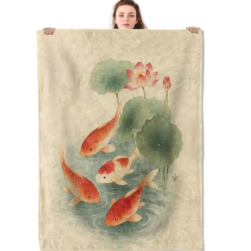 Koi Lotus Pond Blanket, Asia Oriental Art Flannel Throw Blankets, 40"x50", Soft Warm Lightweight Fuzzy Cozy Throws for Couch Bed Sofa Decorative Gifts for Nature Lover Women Men, Beige - color: Koi, size: 40x50 inch