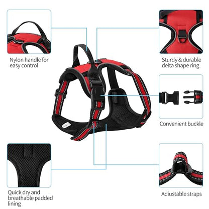 Red No-Pull Dog Harness with 2 Leash Clips，Soft Padded Vest for Medium Dog, Adjustable Reflective Dog Vest Easy to Put on and Take Off, (Neck: 14"~20", Chest: 21"~27", Red M) - color: Red, size: Medium