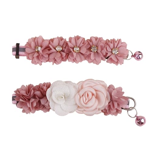 2 Pack Cat Collar Pink Floral with Bell and Removable Flower Bowtie Breakaway Adjustable Cat Collar for Girl Kitten Puppy Small Cats Dogs Daily Decoration (XQ10-1) - color: XQ10-1