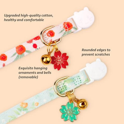 2 Pack Cotton Breakaway Cat Collar Green and Red Flowers Pendant Cute Kitten Cat Collar with Bell - color: Green&Red