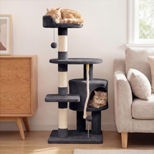 PETSITE 36-inch Multi-Level Cat Tree, with Sisal Scratching Posts, Comfy Top Perch, Cozy Condo, Playful Sisal Rope and Spring Ball, and Dangling Ball, Ideal for Indoor Cats and Kittens (Dark Grey) - color: Dark Grey