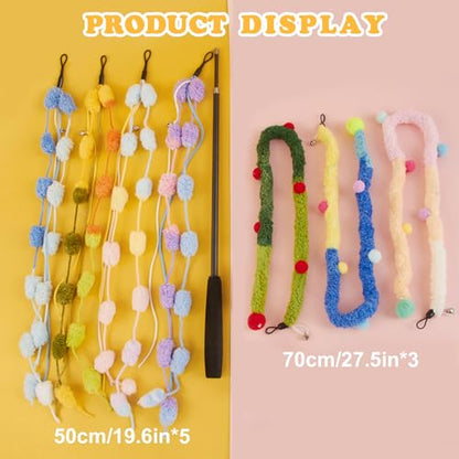 Cat Wand Toy, 8Pcs Retractable Plush Srtip Cat Teaser Wand Toys with Bell & String, Long Interactive Wand Toys for Indoor Kitten, Exercise - size: 7pcs&1pole