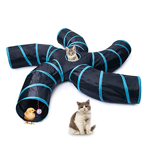 EGETOTA Cat Tunnel for Indoor Cats Large, with Play Ball S-Shape 5 Way Collapsible Interactive Peek Hole Pet Tube Toys, Puppy, Kitty, Kitten, Rabbit (Blue & Black) - color: Blue & Black