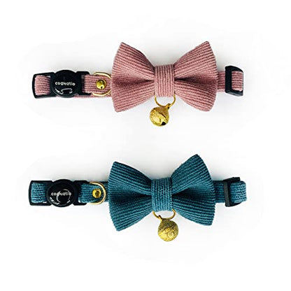 Safety Quick Release Cat Collars, Soft Kitten Collars with Detachable Bow Tie and Bell, Pack of 2, Adjustable 20-30 cm (20-30cm, Carolline+Steel Blue) - color: Carolline+Steel Blue