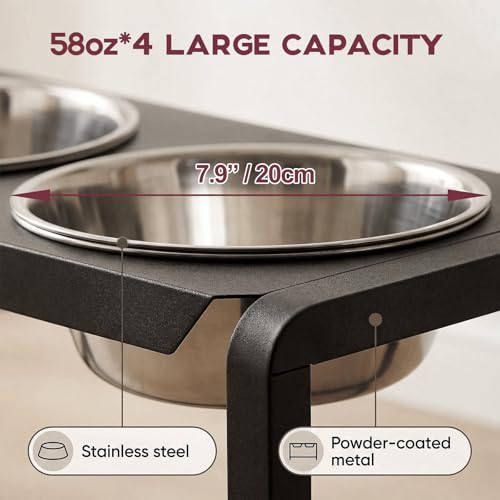 Metal Elevated Dog Bowls, Raised Dog Bowls for Medium/Large Sized Dogs with Four 58oz Stainless Steel Food Bowls, 3 Adjustable Height (8.8"/11.5"/14") Dog Bowl Stand Protect Neck & Joints - size: 8.8-14" | M/L Dogs | 4×58oz Bowls