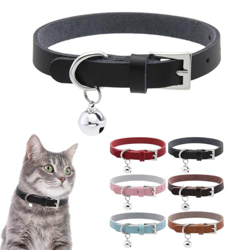 Cat Collar with Bell,Genuine Leather Puppy Collar with Bells Boys Girls Female Small Dog Collar with Bells for XS XSmall Pet Kitten Kitty Animal Yorkie Chihuahua,Black S - color: Black, size: S(Neck 9-12")