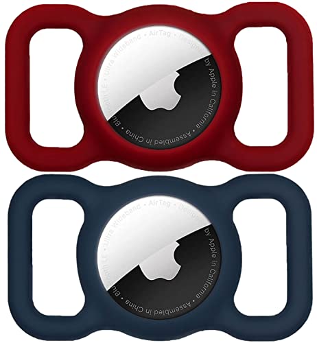 for AirTag(1st & 2nd Generation) Dog Collar Holder [2 Pack] Waterproof High-Strength Elastic Silicone Dog Cat Air Tag Holder (WineRed&Midnight Blue) - color: WineRed&Midnight Blue