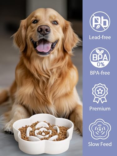Ceramic Slow Feeder Dog/Cat Bowl, Anti-Choking Slow Food Bowls, 8" 11.3oz Slow Feeder for Medium, Large Breeds, Plum Puzzle Design, Non-Slip Silicone, Dishwasher and Microwave Safe, White - color: White