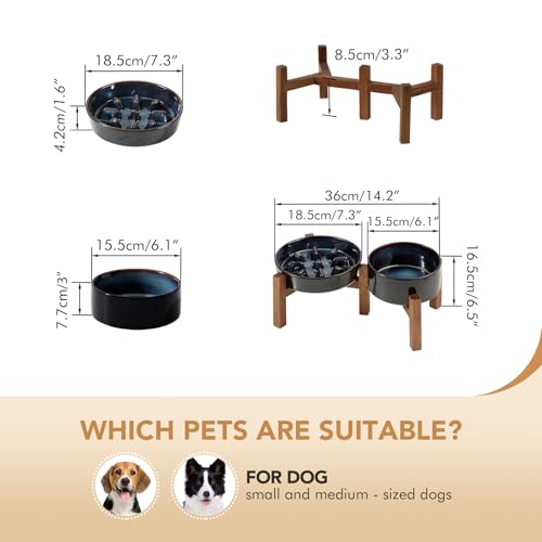 Havniva 1.2 Cup Elevated Slow Feeder Dog Bowls, 7.3” Dog Slow Feeding Bowls + 6.1” Ceramic Dog Water Bowls Set with Acacia Wood Stand, Dog Food Bowls Puzzle Feeder for Small Dogs Non-Slip Anti-choking - color: 2 x Starry Sky + Stand - C, size: M- 7.3inch