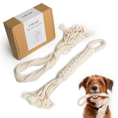 LAY LO Natural Cotton Dog Rope Toy for Small & Medium Dogs, Non-Toxic Rope Toy, 2-Pack Puppy Teething Toy, Durable Boho Dog Toys with Handle