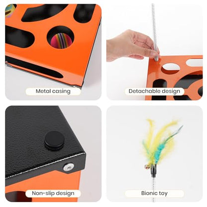 2026 New Metal Cat Scratch Puzzle Enrichment Box,cat Puzzle, 1 Spring-Loaded Colorful Feather Stick with a Bell,No Assembly Required, All Cats Indoor Play Toy - color: Hermès Orange