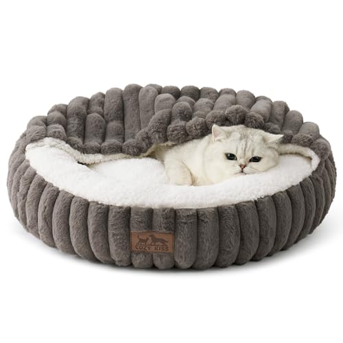 Cat Bed with Hooded Blanket, Round Fluffy Anti-Anxiety Pet Bed for Cats/Toy Breed Dogs, Cozy Donut Cuddler with Machine Washable Faux Fur & Anti-Slip Bottom(20"×20"×6",Grey) - color: Grey, size: 20"×20"×6"