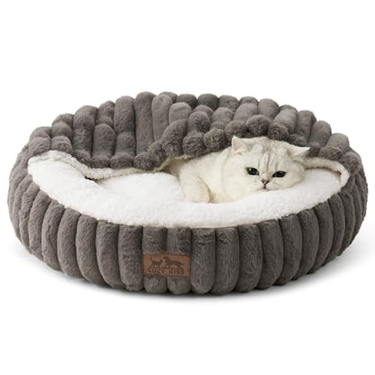 Cat Bed with Hooded Blanket, Round Fluffy Anti-Anxiety Pet Bed for Cats/Toy Breed Dogs, Cozy Donut Cuddler with Machine Washable Faux Fur & Anti-Slip Bottom(20"×20"×6",Grey) - color: Grey, size: 20"×20"×6"