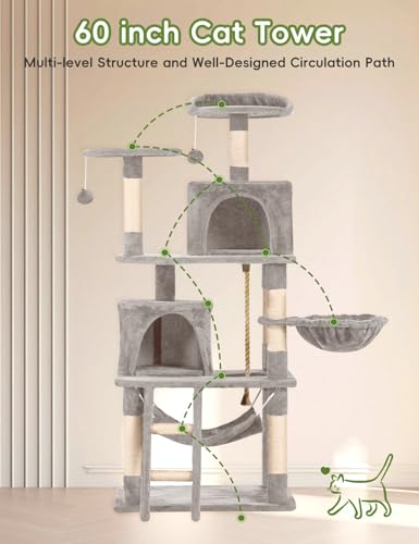 Cat Tree 60.63 inches Cat Tower for Indoor Cats, Multi-Level Cat Condo Furniture with Scratching Posts, Plush Perches, Activity Center with Cozy Basket & Hammock for Cats (Light Gray) - color: Light Gray
