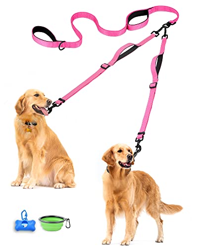 Double Dog Leash, No Tangle Dual Leash, Reflective Walking Training Lead, 4 Comfortable Padded Handles for 2 Dogs with Collapsible Bowl and Waste Bags (Pink, Large) - color: Pink