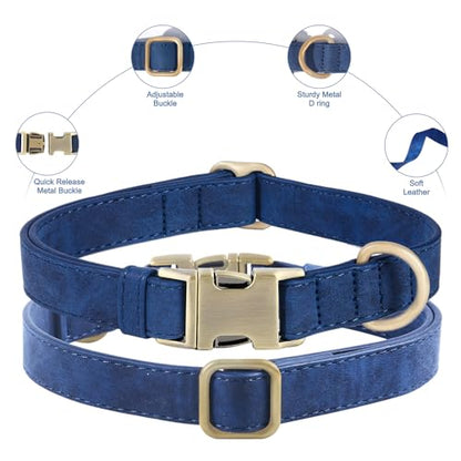 Genuine Leather Dog Collar - Adjustable Pet Collar with Quick Release Metal Buckle, Soft Skin Friendly Real Leather Collar for Small, Medium, Large Dogs (Blue Collar + Rope, L：Fit 15-23" Neck) - color: Blue Collar + Rope, size: L：Fit 15-23" Neck