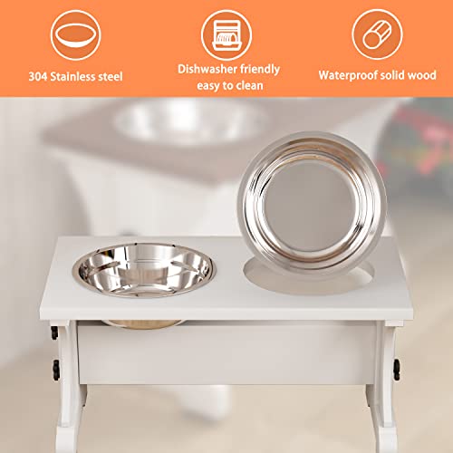 Farmhouse Dog Bowls Stand, Elevated Dog Bowl with 2 Stainless Steel Wooden Bowls, 3.5Cups 8.6" H - 30 oz White - color: White, size: 3.5 Cups 8.6"H_30 oz Bowl