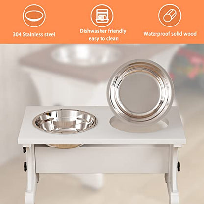 Farmhouse Dog Bowls Stand, Elevated Dog Bowl with 2 Stainless Steel Wooden Bowls, 3.5Cups 8.6" H - 30 oz White - color: White, size: 3.5 Cups 8.6"H_30 oz Bowl