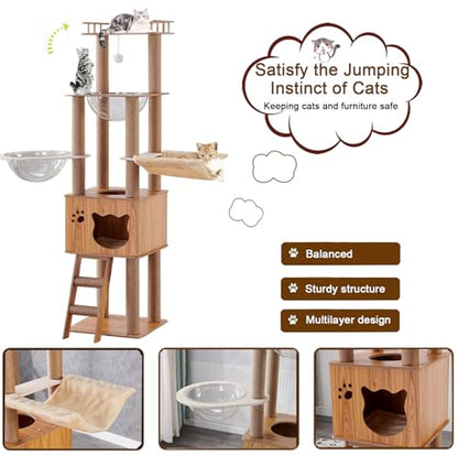 61'' Wooden cat Tree with cat Condo, Cat Stairs Scratching Posts, 2 Bowl,Sisal Scratching Posts,Cozy Cat Hammock and Top Perch. Cat Tree for Large Cats.
