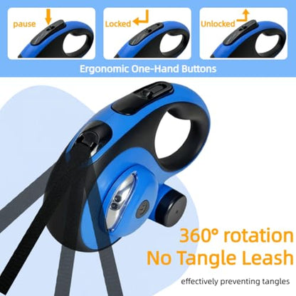 26ft Retractable Dog Leash for Large Dogs with Poop Bag Holder and LED Light,Heavy Duty Retractable Dog Leash with Chew Proof Extender,One-Hand Lock System,Impact-Resistant,Up to 110 lbs (Blue) - color: Blue