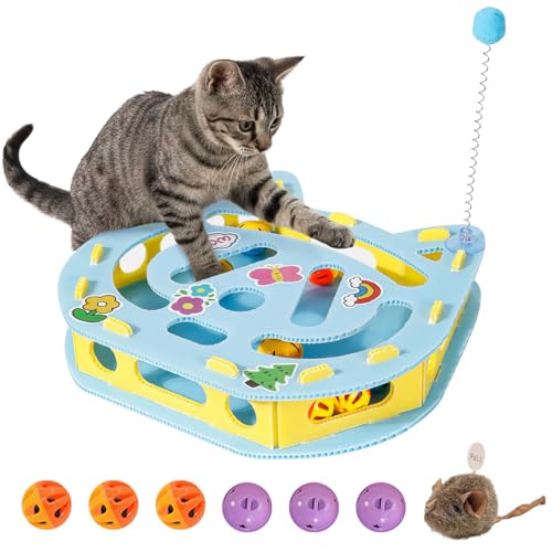 Interactive Kitty Puzzle Toy with Spring Wand Game Board, Maze Activity Playset for Indoor Cat, Rolling Ball Entertainment for Kitten Puppet