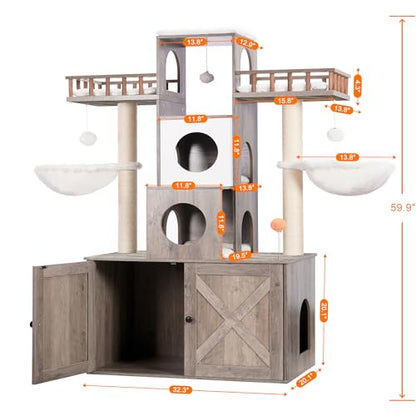 Heybly Cat Tree with Litter Box Enclosure for Indoor Big Cat, Cat Tower for Large Cats 20lbs Heavy Duty, Modern Cat Condo Furniture with Scratching Posts, Rustic Gray HCT110SG - color: Rustic Gray