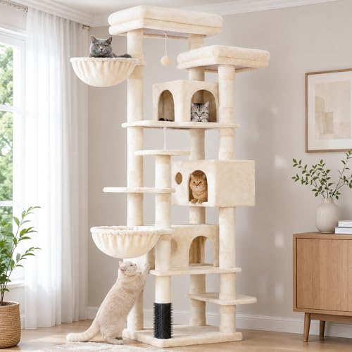 Hey-brother Cat Tree, 74 inches Multi-Level XL Large Cat Tower for Indoor Cats with Three Cat Condos, Two Large Top Decks and Cat Hairbrushfor Kittens, Cats and Pets, Beige MPJ035-MM - color: Beige