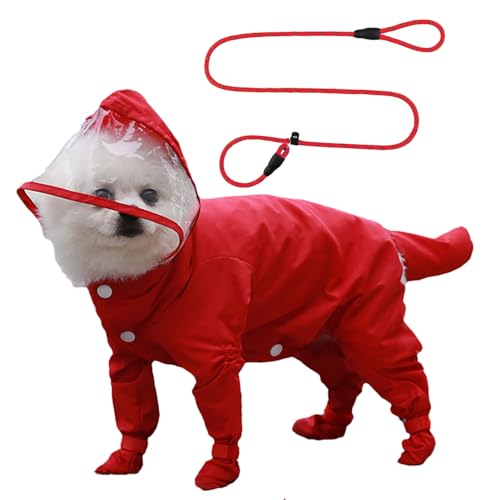 Dog Raincoat with Hood, Waterproof Full-Coverage Reflective Rain Jacket with Leash Quick-Drying Rain Poncho and Shoes for Small Medium Large Dogs,Red,L - color: Red-with Leash, size: L（Back Length 12''）