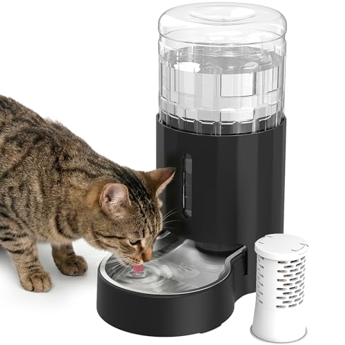 JUNSPOW Cat Water Dispenser with Filter and Stainless Steel Bowl, Automatic Gravity Water Dispenser for Cats or Small Medium Size Dogs, Large Capacity, Easy to Clean and Safe for Pets (4L Black) - color: Black, size: 4L+Filter