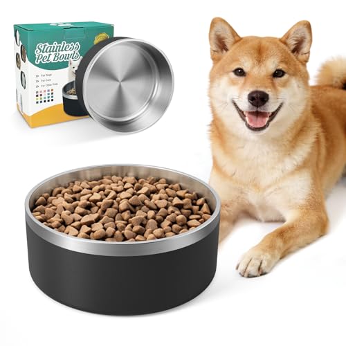 IKITCHEN Dog Bowl for Food and Water, 40 Oz Stainless Steel Pet Feeding Bowl, Durable Non-Skid Double Wall Insulated Heavy Duty with Rubber Bottom for Medium Large Sized Dogs (40 Ounces/5 Cup, Black) - color: Black, size: 40 Ounces