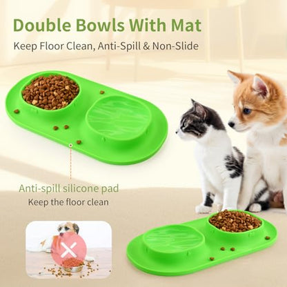 Small Size Puppy Dog Bowls: Food and Water Bowls Set for Small Dogs, No-Spill Non-Skid Dog Dish, Green - color: Green