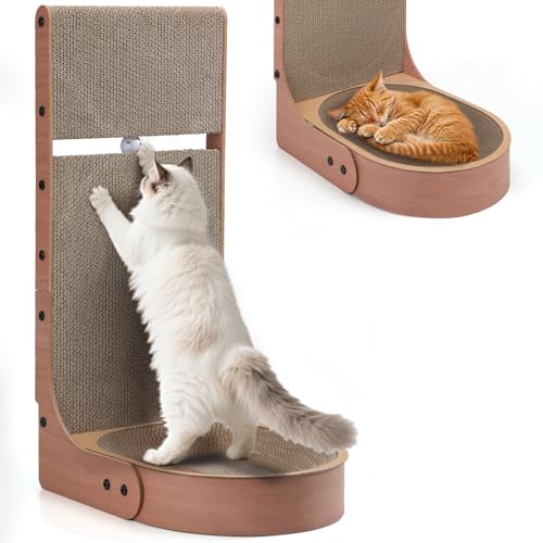 Cat Scratcher, 2 in 1 Multifunctional 26.8 Inch L Shape Cat Scratch Pad Wall Mounted with Oval Cat Scratcher Bed Bowl and Built-in Toy Balls