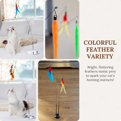 Cat Wand Toy for Indoor Cats - 43 Inch Retractable Fishing Pole Teaser - 9 Feather Attachments - Weighted Round Base - Suction Cup Mount - Bored Adult Feline Hunting Exercise - Kitten Juguetes Set - color: Meow Motion Bundle